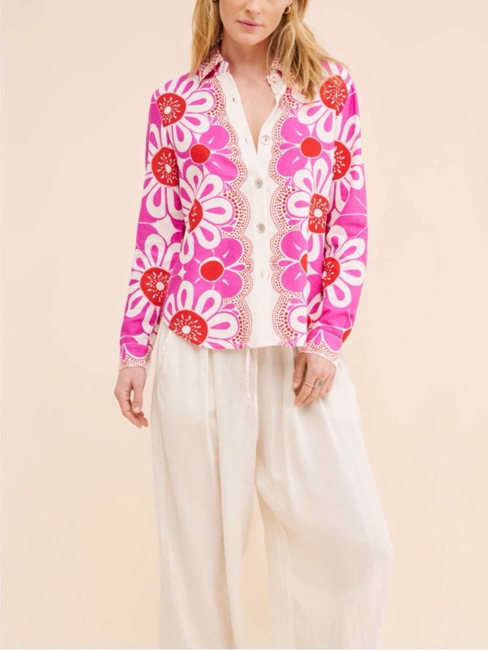 Farm Rio Maia Printed Pink Red Floral Button Front Shirt Vacation Resort Bold